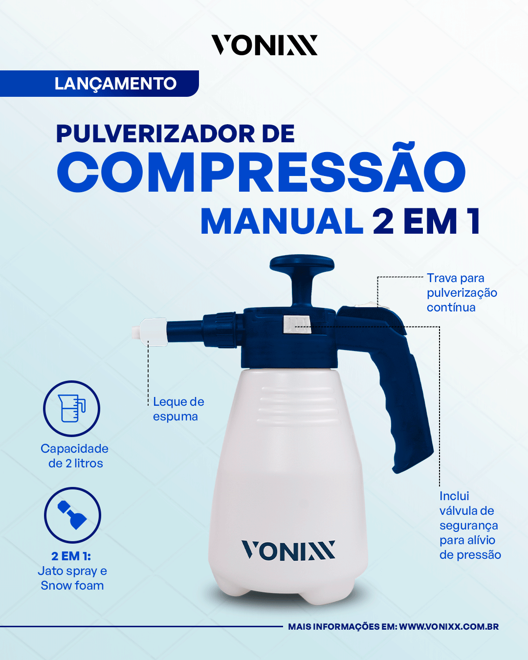 PULVERIZADOR DE COMPRESSÃO MANUAL 2 EM 1 2L
JATO SPRAY E SNOW FOAM